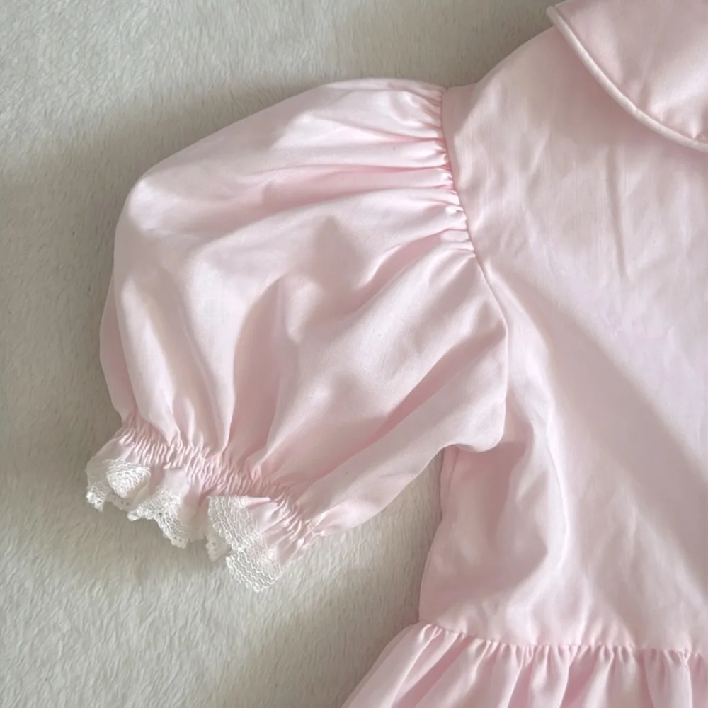 {VTG} Bryan | 70s 80s Peter Pan Collar Puff Sleeve Heirloom Dress L/736 Pink (4) - Picture 10 of 16